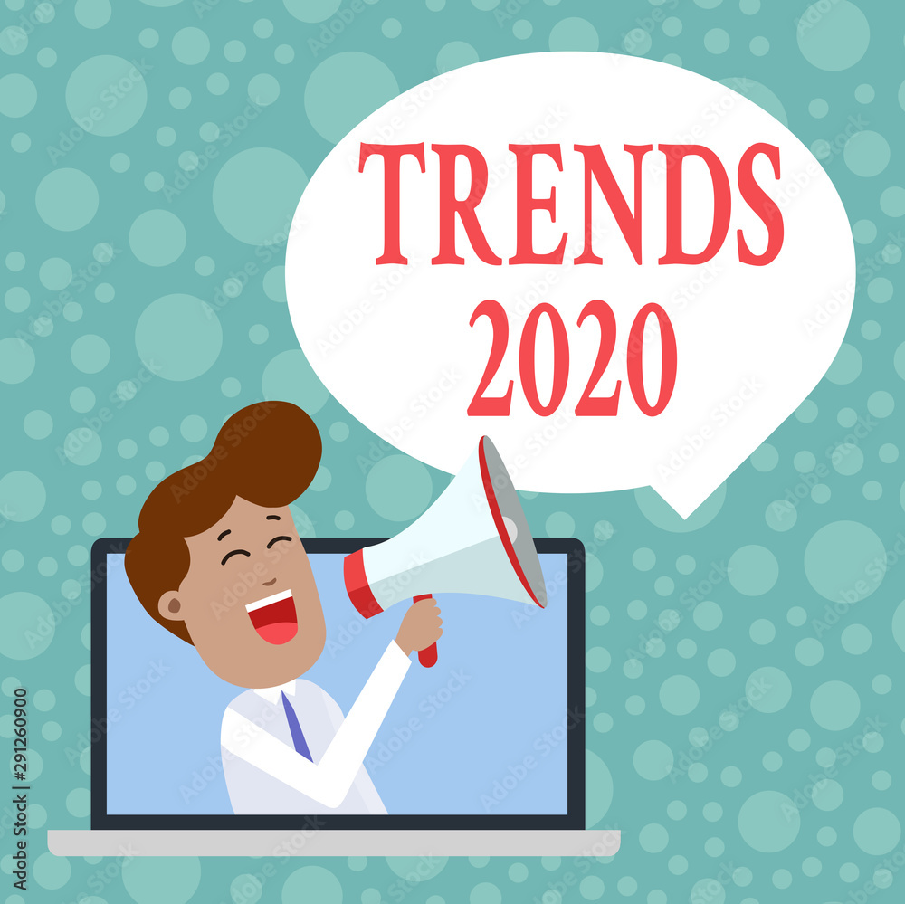 Handwriting text Trends 2020. Conceptual photo Upcoming year prevailing tendency Widely Discussed Online Man Speaking Through Laptop into Loudhailer Blank Speech Bubble Announce Handwriting text Trends 2020. Conceptual photo Upcoming year prevailing tendency Widely Discussed Online Man Speaking Through Laptop into Loudhailer Blank Speech Bubble Announce