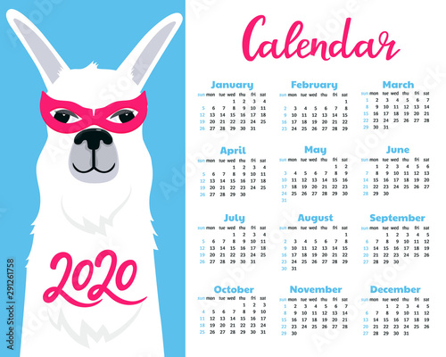 Calendar for 2020. Week start on Sunday. Lama in super hero costume photo