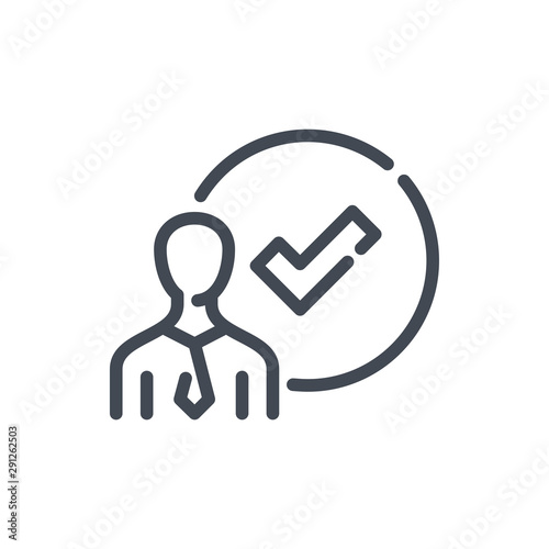 Person with check mark line icon. Done vector outline sign.