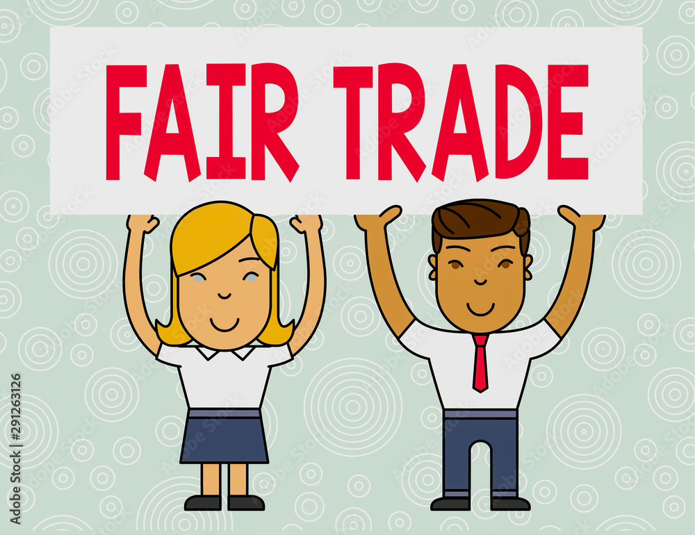 Word writing text Fair Trade. Business photo showcasing Small increase by a analysisufacturer what they paid to a producer Two Smiling People Holding Big Blank Poster Board Overhead with Both Hands Word writing text Fair Trade. Business photo showcasing Small increase by a analysisufacturer what they paid to a producer Two Smiling People Holding Big Blank Poster Board Overhead with Both Hands