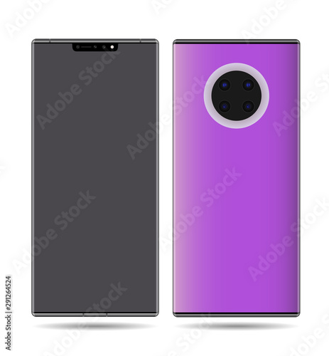 Smartphone mock up frameless blank screen isolated on background. Front and colorful back side - Vector flat graphic