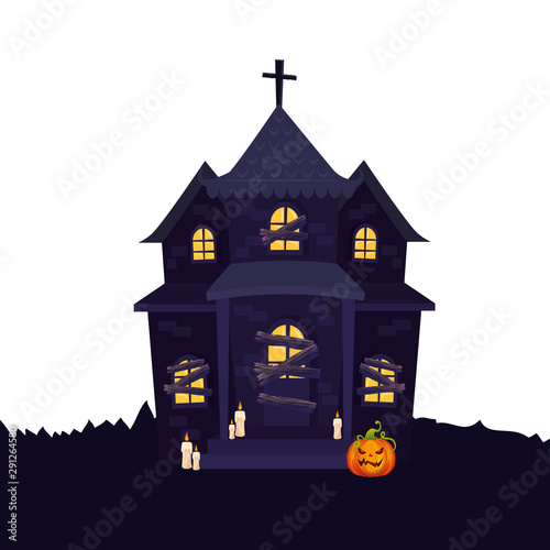 haunted house halloween with pumpkin and candles