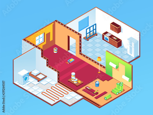 Isometric apartment during repair or house, home rooms at renovation. Indoor design for bedroom, guest room and kitchen restoration. Wallpapering, underfloor heating, window mount. Indoor work
