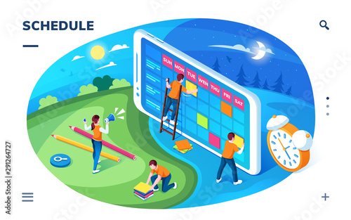 Planner application screen or schedule landing page, calendar app or time manager, event reminder or planner, organizer or deadline management, business plan or checklist. Isometric and isometry
