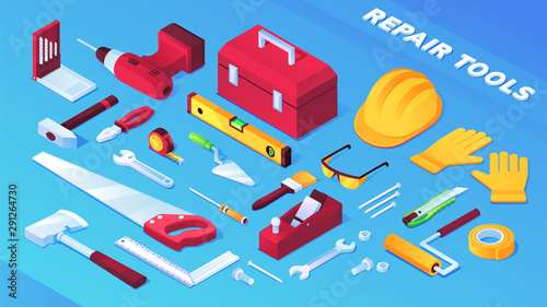 Tools for building and repair items, builder equipment. Toolbox, saw, insulating and measuring tape, wood plane, wrench, level and electric drill, pliers, corner ruler, hammer, brush, helmet, glasses