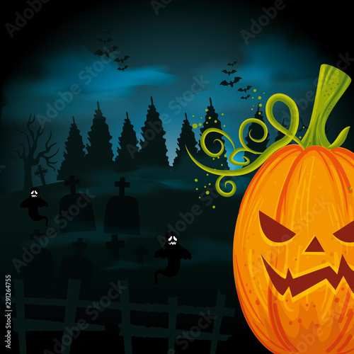 halloween pumpkin with tombs in dark night