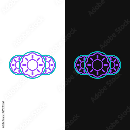 Green and purple line Donut with sweet glaze icon isolated on white and black background. Vector Illustration