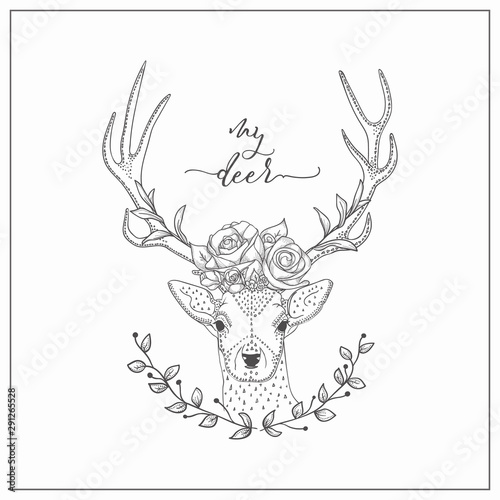 vector hand drawn deer head logo  tattoo. illustration with horns decorated with flowers  roses  branches. scandinavian style