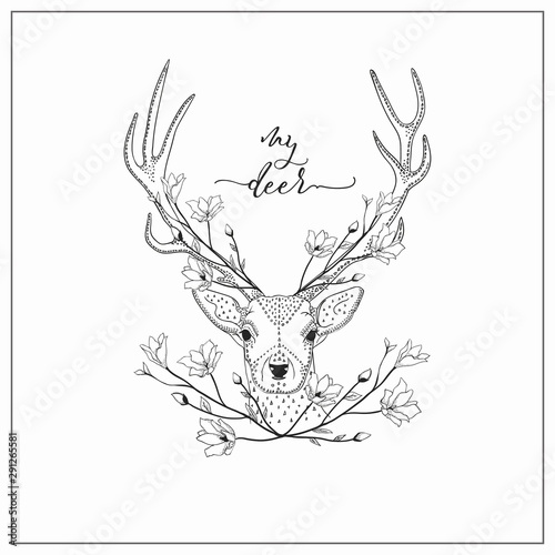 vector hand drawn deer head logo, tattoo. illustration with horns decorated with flowers, branches. scandinavian style