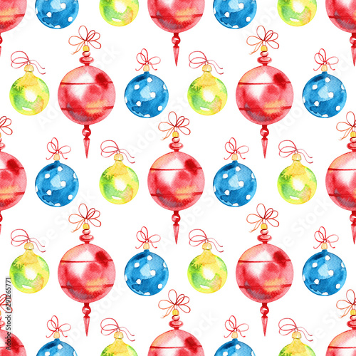 Watercolor Christmas pattern. Christmas balls with decorations