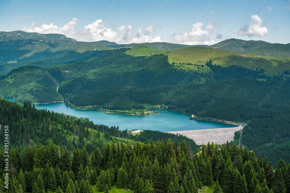 Vidraru lake and landscape of the Carpathian Mountains, in Transylvania (Romania)