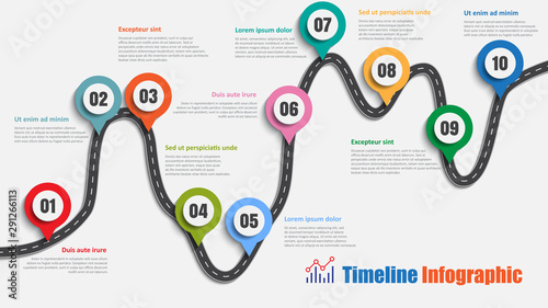 Road map business timeline infographic with 10 steps designed for background elements diagram planning process web pages workflow digital technology data presentation chart. Vector illustration