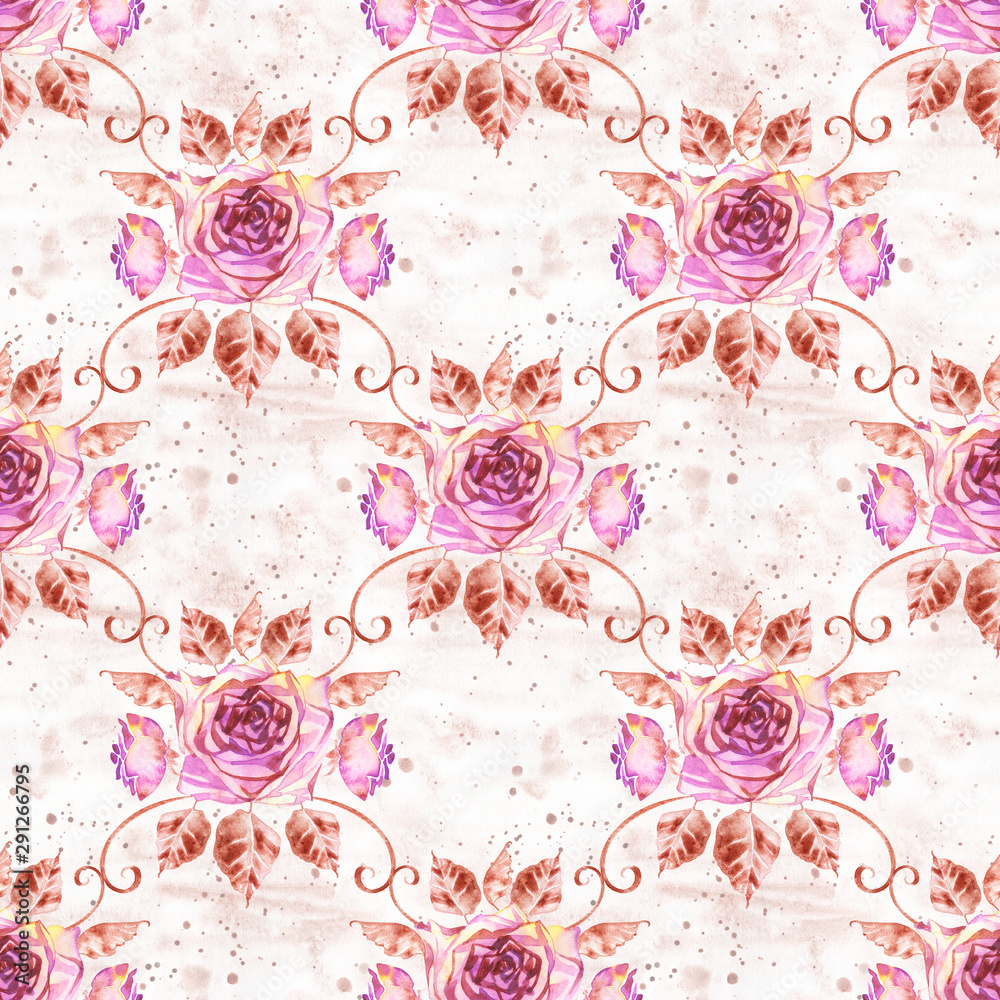 Watercolor roses seamless pattern. Seamless texture with boho roses. Hand painted vintage gardening background. Watercolor roses seamless pattern. Seamless texture with boho roses. Hand painted vintage gardening background.