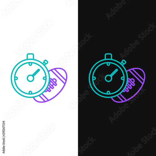 Green and purple line American Football ball and stopwatch icon isolated on white and black background. Set of sport equipment. Vector Illustration