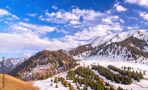 Panorama of mountain landscape at sunset. Kok Zhailau area near the Almaty city, Kazakhstan photo