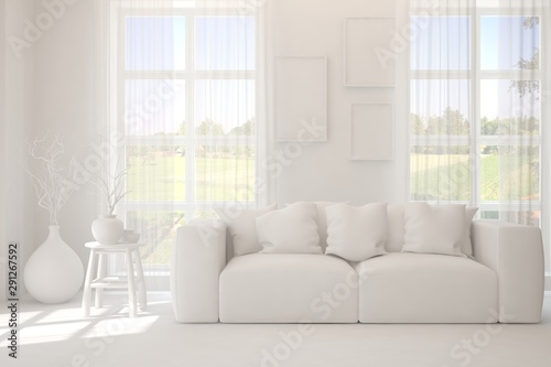 Mock up of stylish room in white color with sofa. Scandinavian interior design. 3D illustration