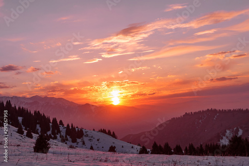 Majestic sunset in the mountains with forest © kiwisoul