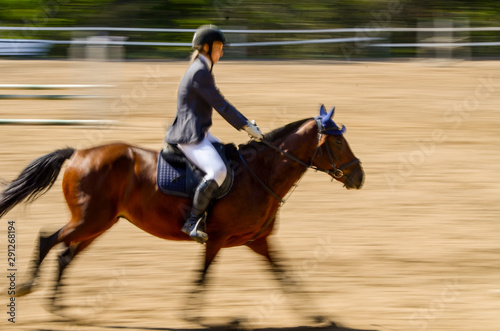 A horse and rider making their way across the show jumping course