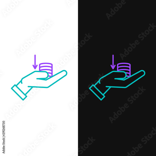 Green and purple line Money on hand icon isolated on white and black background. Palm holds cash with down. Cash salary decrease. Vector Illustration