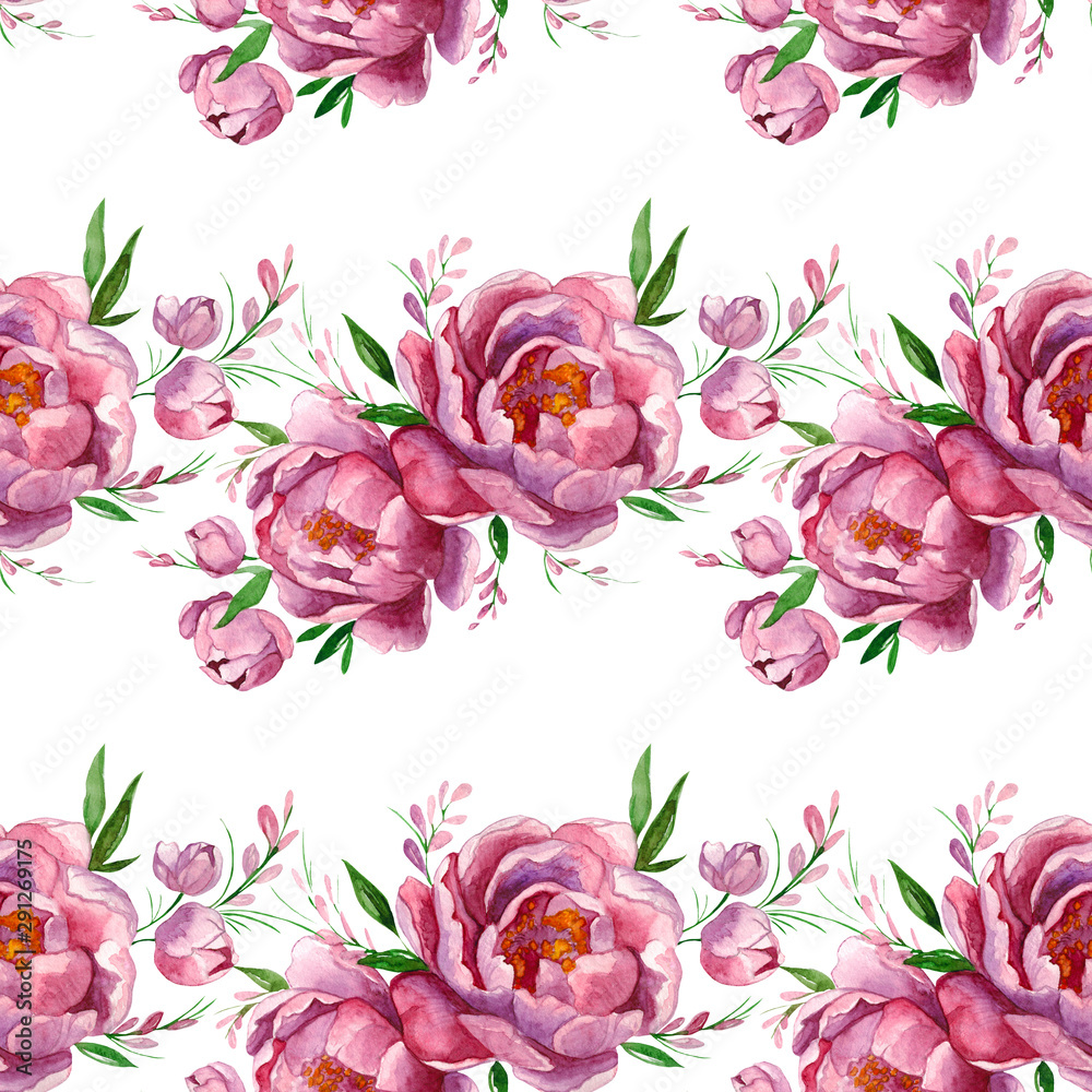 Peony pink flowers. Floral seamless pattern. Watercolor