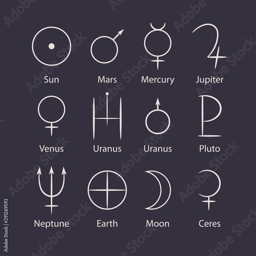 Alchemical signs of the planets. Pictograms of planets. Astronomy. Astrology.