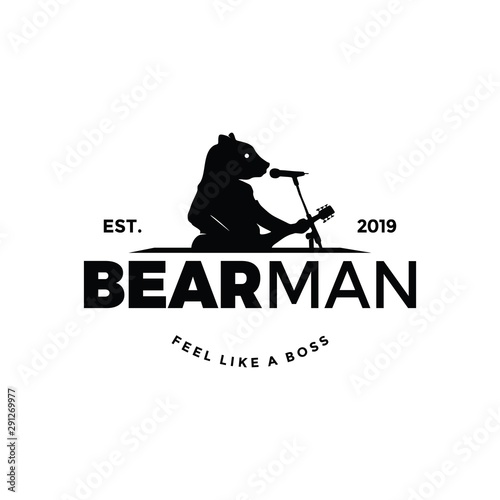 Animal sing logo vector bring guitar in front of mic. Funny fauna mascot. For business and entertaiment. simple singer vlog and cover song with amazing talent. Romantic feel.