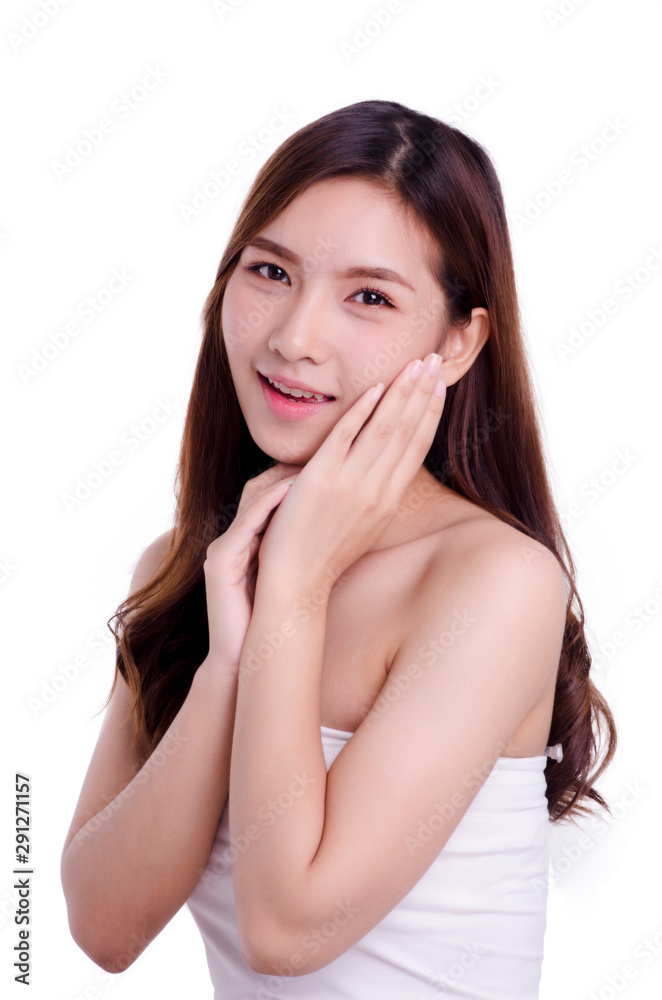 asian young beautiful woman smiling and touching her face, isolated over white background. natural makeup, SPA therapy, skincare, cosmetology and plastic surgery concept asian young beautiful woman smiling and touching her face, isolated over white background. natural makeup, SPA therapy, skincare, cosmetology and plastic surgery concept