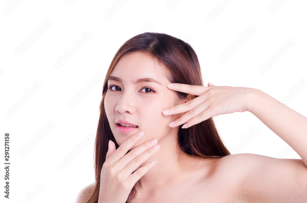 asian young beautiful woman smiling and touching her face, isolated over white background. natural makeup, SPA therapy, skincare, cosmetology and plastic surgery concept asian young beautiful woman smiling and touching her face, isolated over white background. natural makeup, SPA therapy, skincare, cosmetology and plastic surgery concept