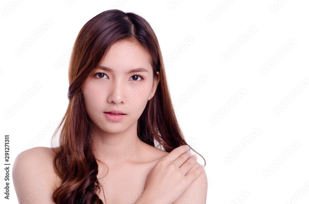 Portrait of asian young beautiful woman smiling, isolated over white background. natural makeup, SPA therapy, skincare, cosmetology and plastic surgery concept.with free copyspace Portrait of asian young beautiful woman smiling, isolated over white background. natural makeup, SPA therapy, skincare, cosmetology and plastic surgery concept.with free copyspace