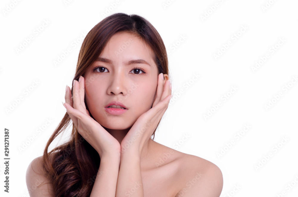 asian young beautiful woman smiling and touching her face, isolated over white background. natural makeup, SPA therapy, skincare, cosmetology and plastic surgery concept.with free copyspace