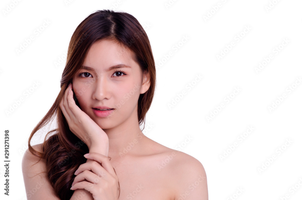 asian young beautiful woman smiling and touching her face, isolated over white background. natural makeup, SPA therapy, skincare, cosmetology and plastic surgery concept.with free copyspace asian young beautiful woman smiling and touching her face, isolated over white background. natural makeup, SPA therapy, skincare, cosmetology and plastic surgery concept.with free copyspace