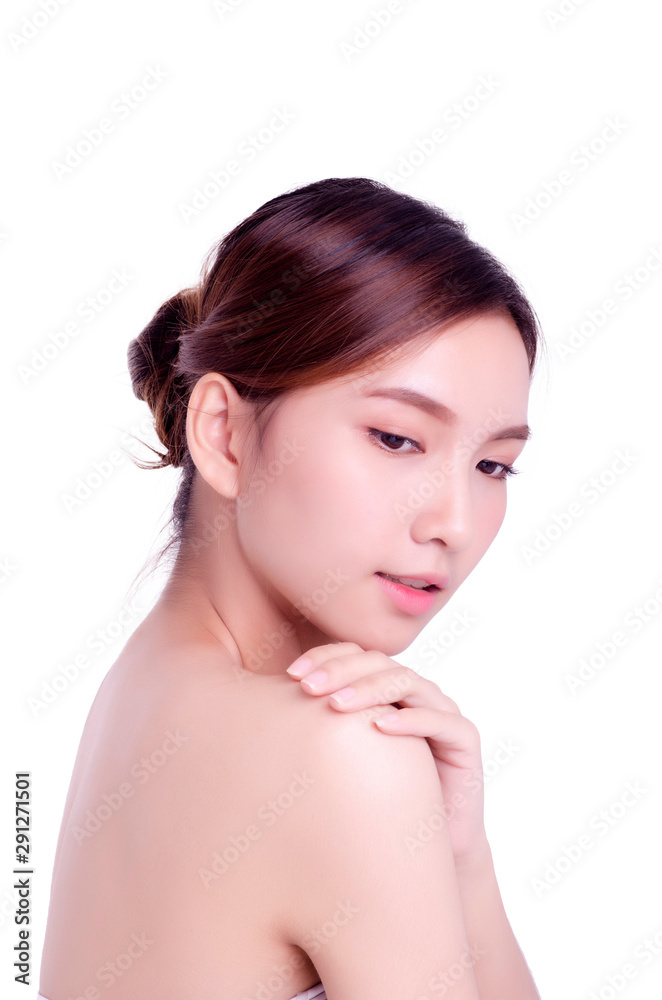 Short hair asian young beautiful woman smiling and touching her face, isolated over white background. natural makeup, SPA therapy, skincare, cosmetology and plastic surgery concept Short hair asian young beautiful woman smiling and touching her face, isolated over white background. natural makeup, SPA therapy, skincare, cosmetology and plastic surgery concept