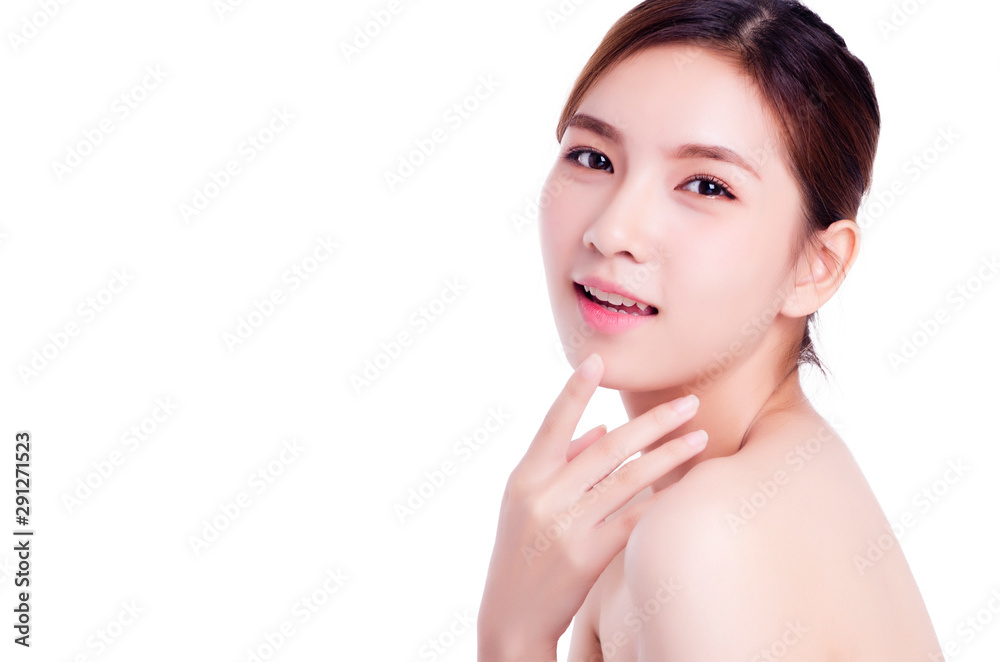 Short hair asian young beautiful woman smiling and touching her face, isolated over white background. natural makeup, SPA therapy, skincare, cosmetology and plastic surgery concept Short hair asian young beautiful woman smiling and touching her face, isolated over white background. natural makeup, SPA therapy, skincare, cosmetology and plastic surgery concept