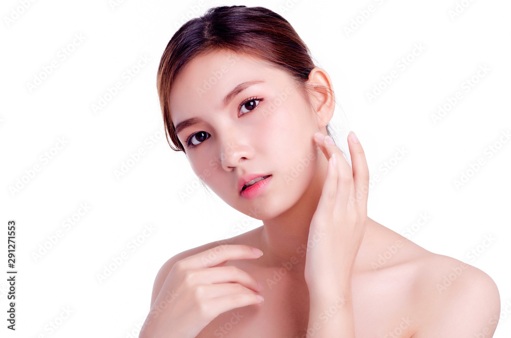 Short hair asian young beautiful woman smiling and touching her face, isolated over white background. natural makeup, SPA therapy, skincare, cosmetology and plastic surgery concept Short hair asian young beautiful woman smiling and touching her face, isolated over white background. natural makeup, SPA therapy, skincare, cosmetology and plastic surgery concept