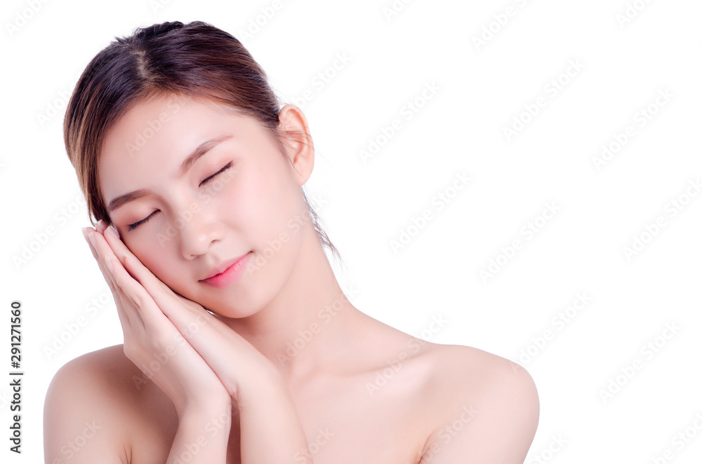 Short hair asian young beautiful woman smiling and touching her face, isolated over white background. natural makeup, SPA therapy, skincare, cosmetology and plastic surgery concept