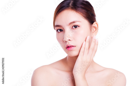 Beautiful Woman Face. Beauty Portrait. Beautiful Spa Woman Touching her Face. Perfect Fresh Skin. Pure Beauty Model Girl. Youth and Skin Care Concept. isolated on white background.