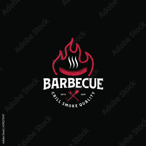 Barbecue bbw grill restaurant food drink logo design - fire meat sausage spatula element
