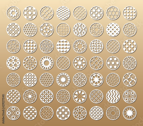 56 Laser cut vector templates. Cutout circle silhouette with ornament. The set is suitable for engraving, laser cutting wood, metal, stencil manufacturing.
