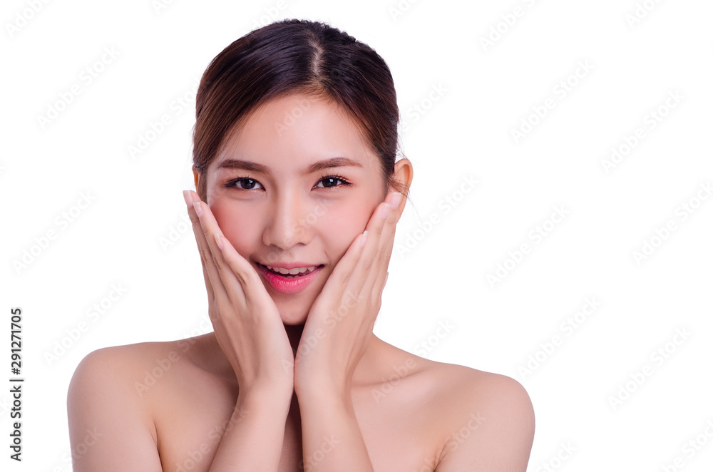 asian young beautiful woman smiling and touching her face, isolated over white background. natural makeup, SPA therapy, skincare, cosmetology and plastic surgery concept asian young beautiful woman smiling and touching her face, isolated over white background. natural makeup, SPA therapy, skincare, cosmetology and plastic surgery concept