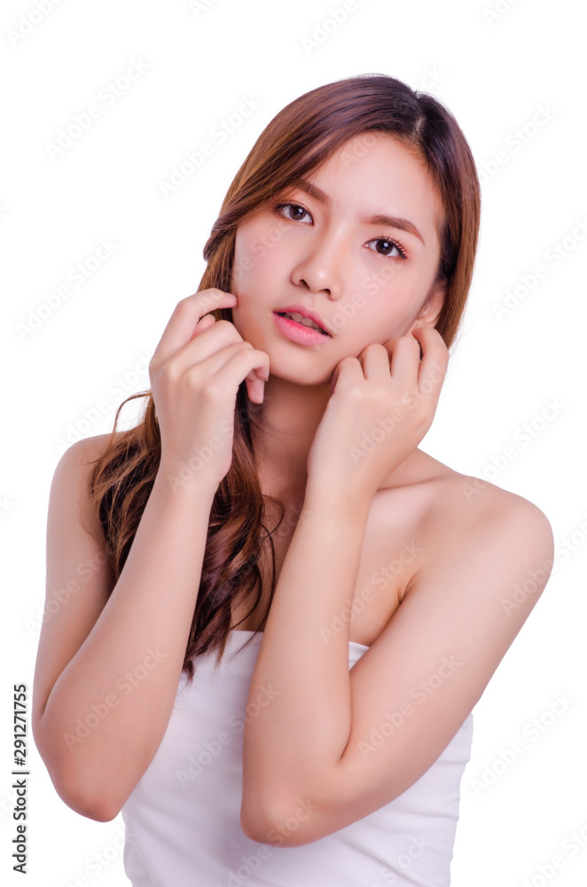 asian young beautiful woman smiling and touching her face, isolated over white background. natural makeup, SPA therapy, skincare, cosmetology and plastic surgery concept asian young beautiful woman smiling and touching her face, isolated over white background. natural makeup, SPA therapy, skincare, cosmetology and plastic surgery concept