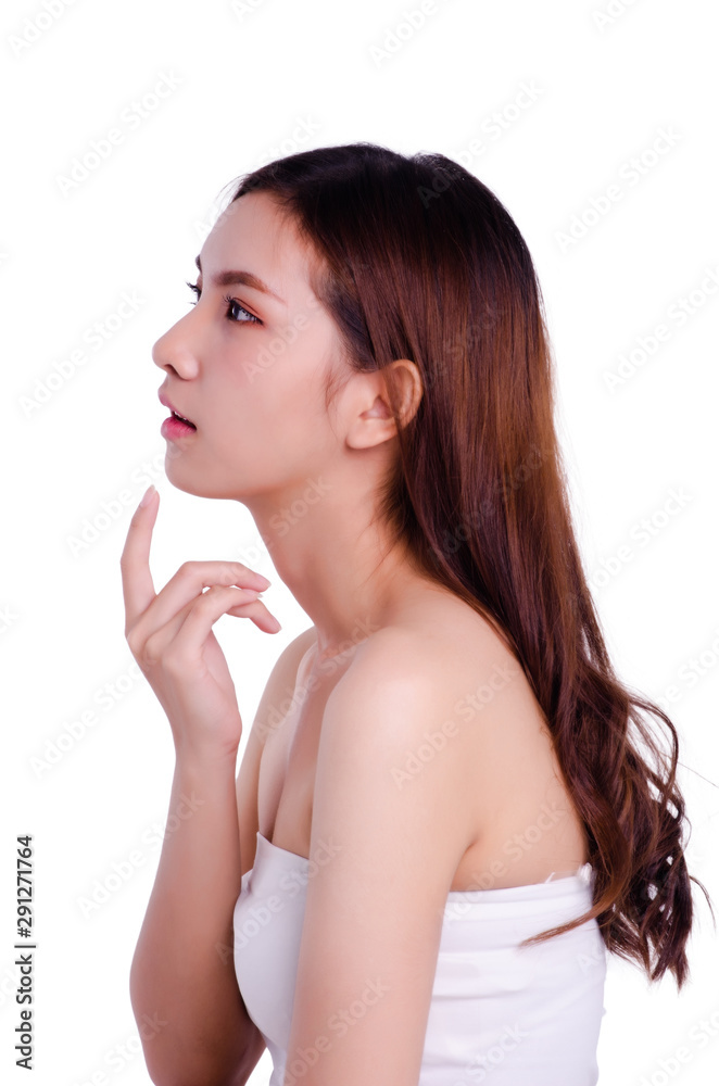 asian young beautiful woman smiling and touching her face, isolated over white background. natural makeup, SPA therapy, skincare, cosmetology and plastic surgery concept asian young beautiful woman smiling and touching her face, isolated over white background. natural makeup, SPA therapy, skincare, cosmetology and plastic surgery concept