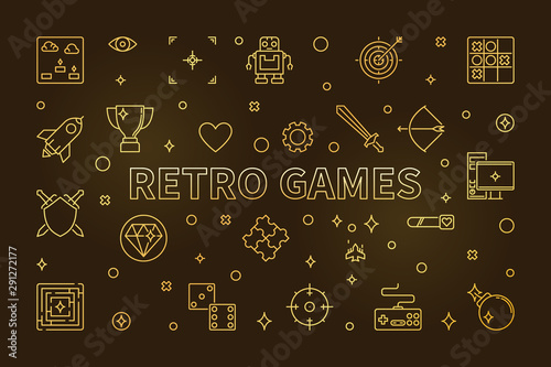 Retro Games vector concept golden banner or illustration in thin line style on dark background