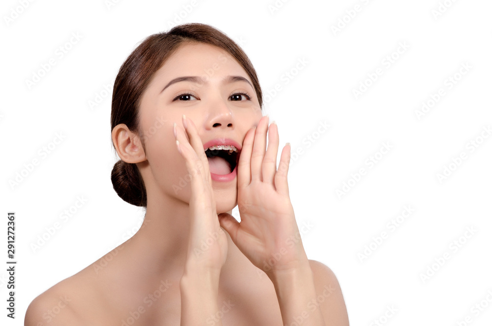 Beauty woman with charming shouting with health skin, teeth and hair isolated on white background, asian beauty,shouting Beauty woman with charming shouting with health skin, teeth and hair isolated on white background, asian beauty,shouting