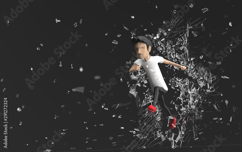 The man run through broken mirror with 3d rendering.