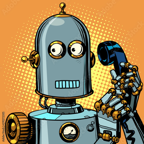 scared funny robot talking on a retro phone