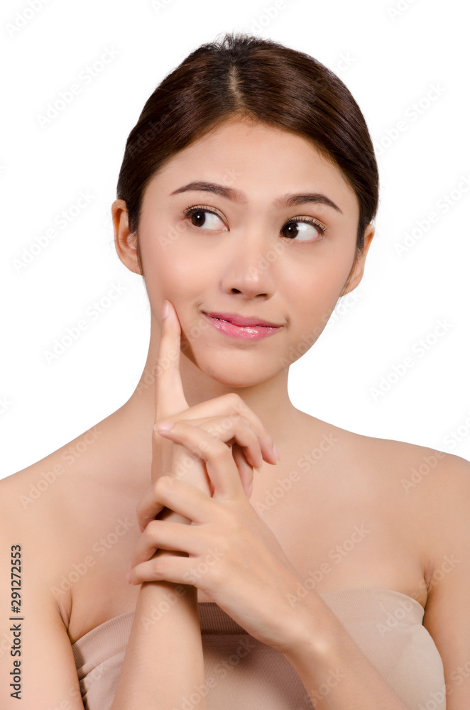 asian young beautiful woman smiling and touching her face, isolated over white background. natural makeup, SPA therapy, skincare, cosmetology and plastic surgery concept.with free copyspace