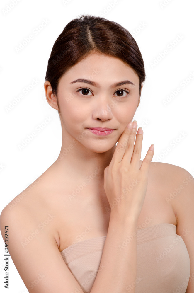 asian young beautiful woman smiling and touching her face, isolated over white background. natural makeup, SPA therapy, skincare, cosmetology and plastic surgery concept.with free copyspace asian young beautiful woman smiling and touching her face, isolated over white background. natural makeup, SPA therapy, skincare, cosmetology and plastic surgery concept.with free copyspace