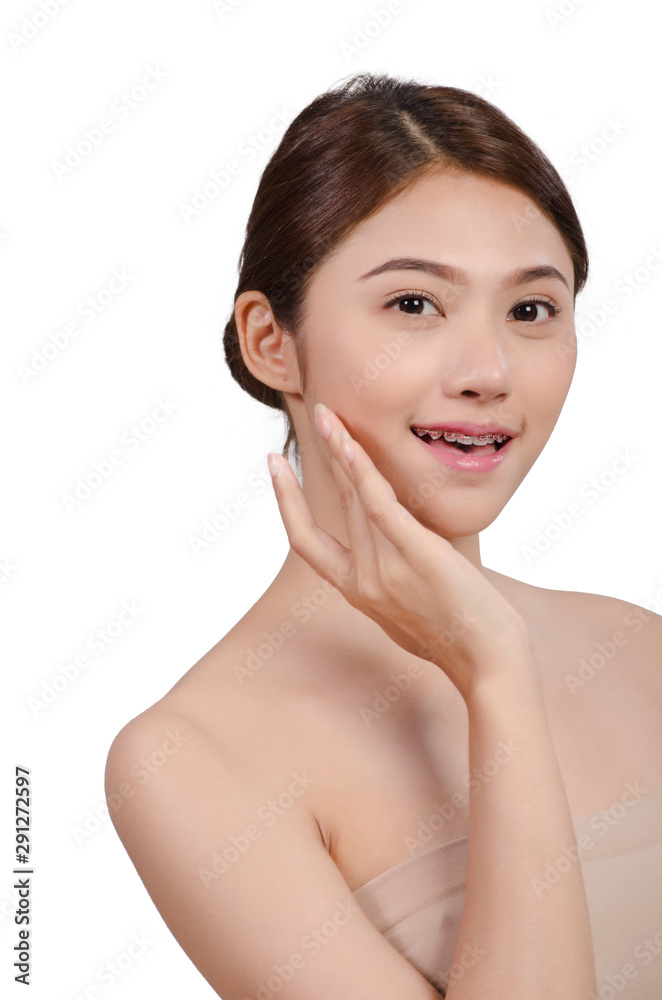 asian young beautiful woman smiling and touching her face, isolated over white background. natural makeup, SPA therapy, skincare, cosmetology and plastic surgery concept.with free copyspace asian young beautiful woman smiling and touching her face, isolated over white background. natural makeup, SPA therapy, skincare, cosmetology and plastic surgery concept.with free copyspace