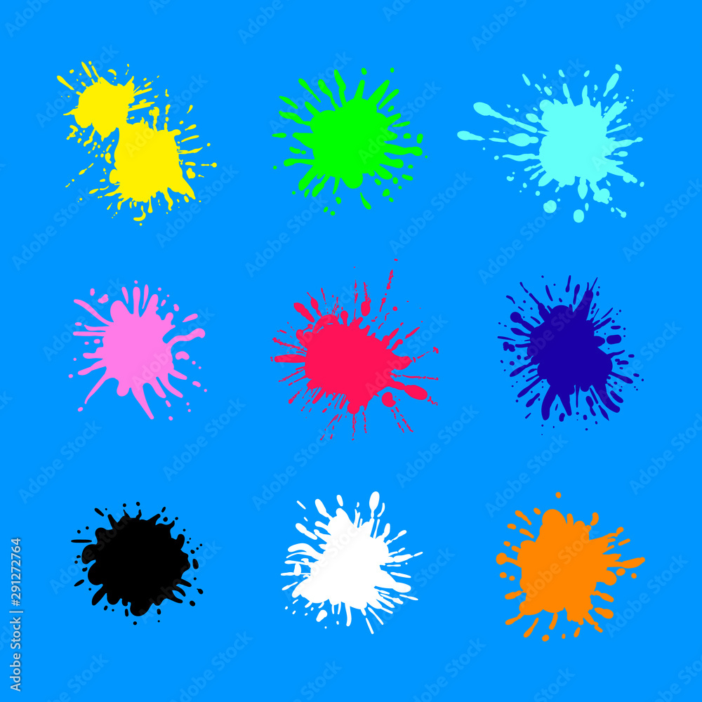 Vector Abstract Paint Splashes Collection Isolated on Bright Blue Background, Illustration Template.