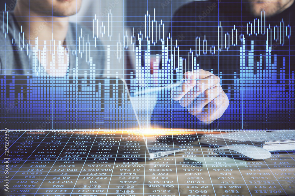 Forex graph with businessman typing on computer in office on background. Concept of analysis. Double exposure. Forex graph with businessman typing on computer in office on background. Concept of analysis. Double exposure.